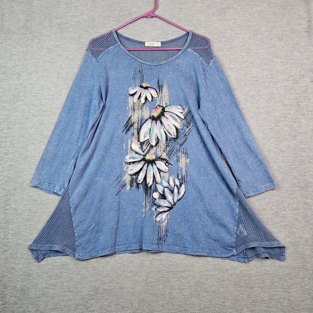 Jess & Jane Blue Floral Tunic Top Mesh Detail Sz S Cotton Made in USA Flaws